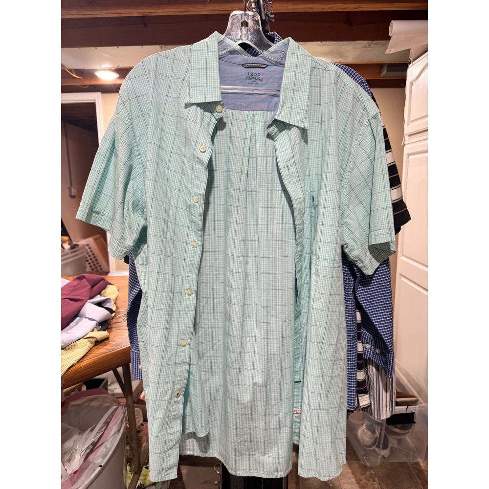 IZOD Saltwater Mens XL Relaxed Classics Mint Green Plaid Short Sleeve ButtonDown